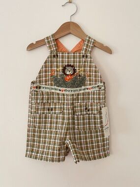 VINTAGE B.T. KIDS NWT Plaid Embroidered Appliqué Rock’N’Roll Lion Shortalls